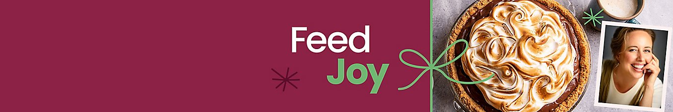 Text that says "Feed Joy" next to an image of Coca Custard Meringue and Stephanie McHenry.