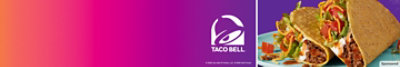 Two Taco Bell tacos on a plate next to the Taco Bell logo.