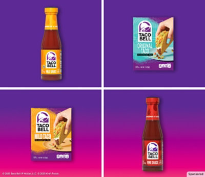 Taco Bell sauces and seasonings in a grid-like arrangement.