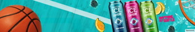 Three Sparkling Ice Caffeine cans with fruit pieces and basketball elements on a blue background. 