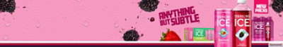 Sparkling Ice beverage product shots on a pink background with juicy blackberries.