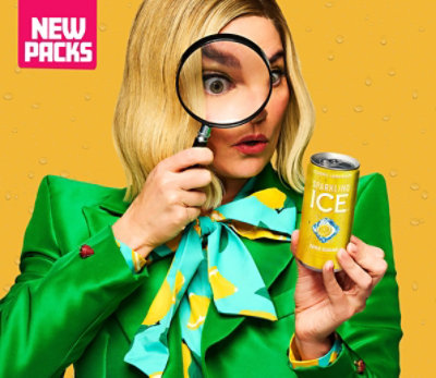 Chief Flavor Officer using a magnifying glass to look at a Sparkling Ice 7.5oz Classic Lemonade can.