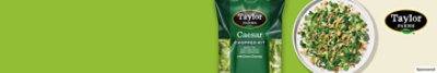 Taylor Farms Caesar Chopped Salad Kit with plate of caesar salad on green background.