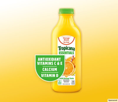 A bottle of Tropicana Essentials. Antioxidant vitamins C and E, calcium and vitamin D.