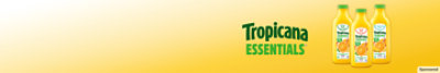 Bottles of Tropicana Essentials against an orange background.