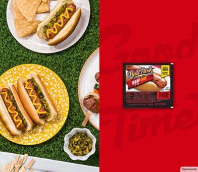 grilled Ball Park Hot Dogs served on buns with yellow mustard and relish.
