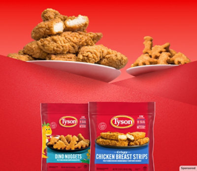 A plate of crispy chicken strips next to a plate of playful dinosaur shaped chicken nuggets.
