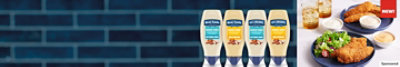 Hellmann's and Best Foods! bottles with blue texture background and an image of chicken dishes