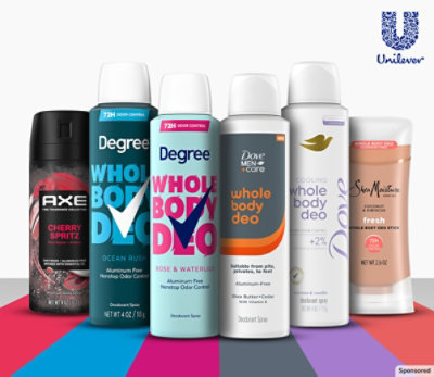 Image of Dove and Axe Deo products on a colorful, striped background.