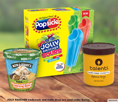 Popsicle, BEN&JERRY'S and talenti products on wooden surface
