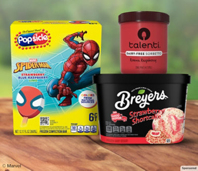 Popsicle, Breyers and talenti products on wooden surface