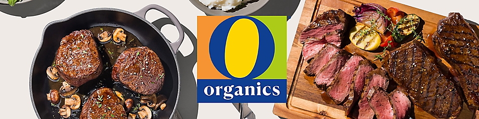 O Organics logo on top of grilled meat