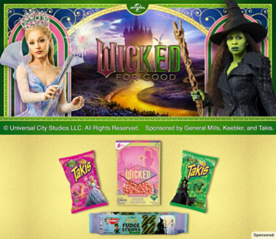 "Wicked: For Good." Characters from the film and participating products on a whimsical background.