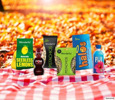 Wonderful Citrus, POM Wonderful, Wonderful Pistachios and FIJI Water products in an autumn setting.